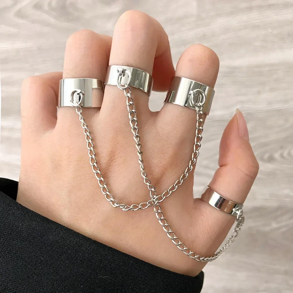 LATS Punk Cool Hiphop Chain Rings Multi-layer Adjustable Open Finger Rings Set Alloy Man Rings for Women Party Gift Jewelry