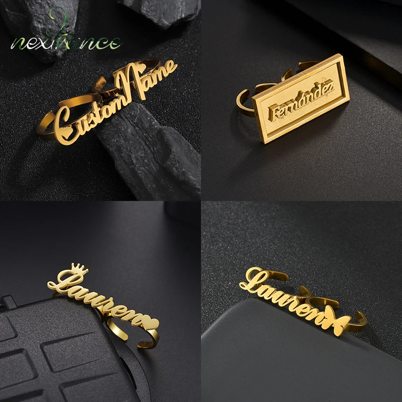 

Nextvance Custom Name Ring Adjustable Size Stainless Steel Welding Nameplate Two Finger Ring For Women Men Wedding Jewelry Gifts