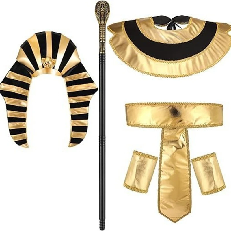 

НОВЫЕ аксессуары для фараона, комплект аксессуаров для костюмов на египетскую тематику, головной убор в золотой и черную полоску, воротник, пояс и манжеты для взрослых