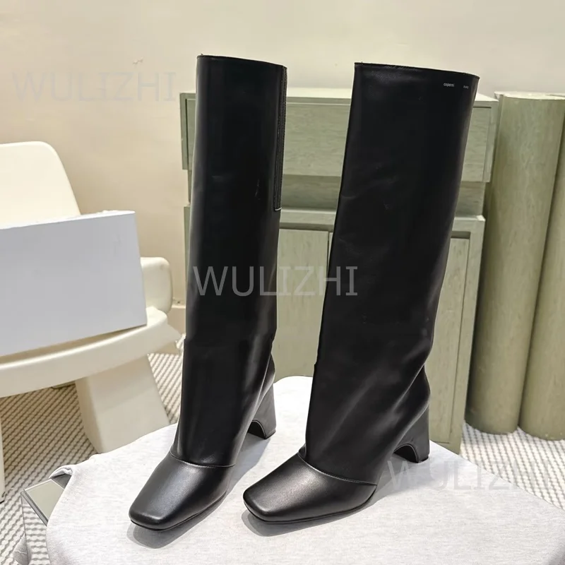 Colorful Checkered Patchwork Leather Knee-High Boots Women Cute Stylish Black Cool Square Toe Upright Booties Strange Heel Shoes