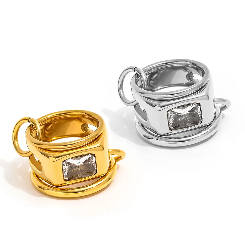 

Joolim Jewelry Wholesale High End PVD Fashion Three-circle Interlocking Rectangle Zirconia Stainless Steel Ring For Women