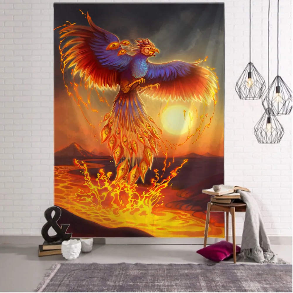 

Flame Phoenix Art Tapestry, Owl Wall Hanging, Divination, Witchcraft Background, Bohemian Wall Art Decoration Blanket