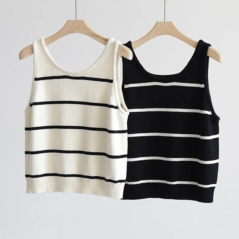 เสื้อกล้ามคอวีลายทางลำลองของผู้หญิงเสื้อครอปถักแขนกุดวินเทจฤดูร้อนสีตัดกันทรงหลวมเรียบง่ายสวมใส่นอกสายเดี่ยว