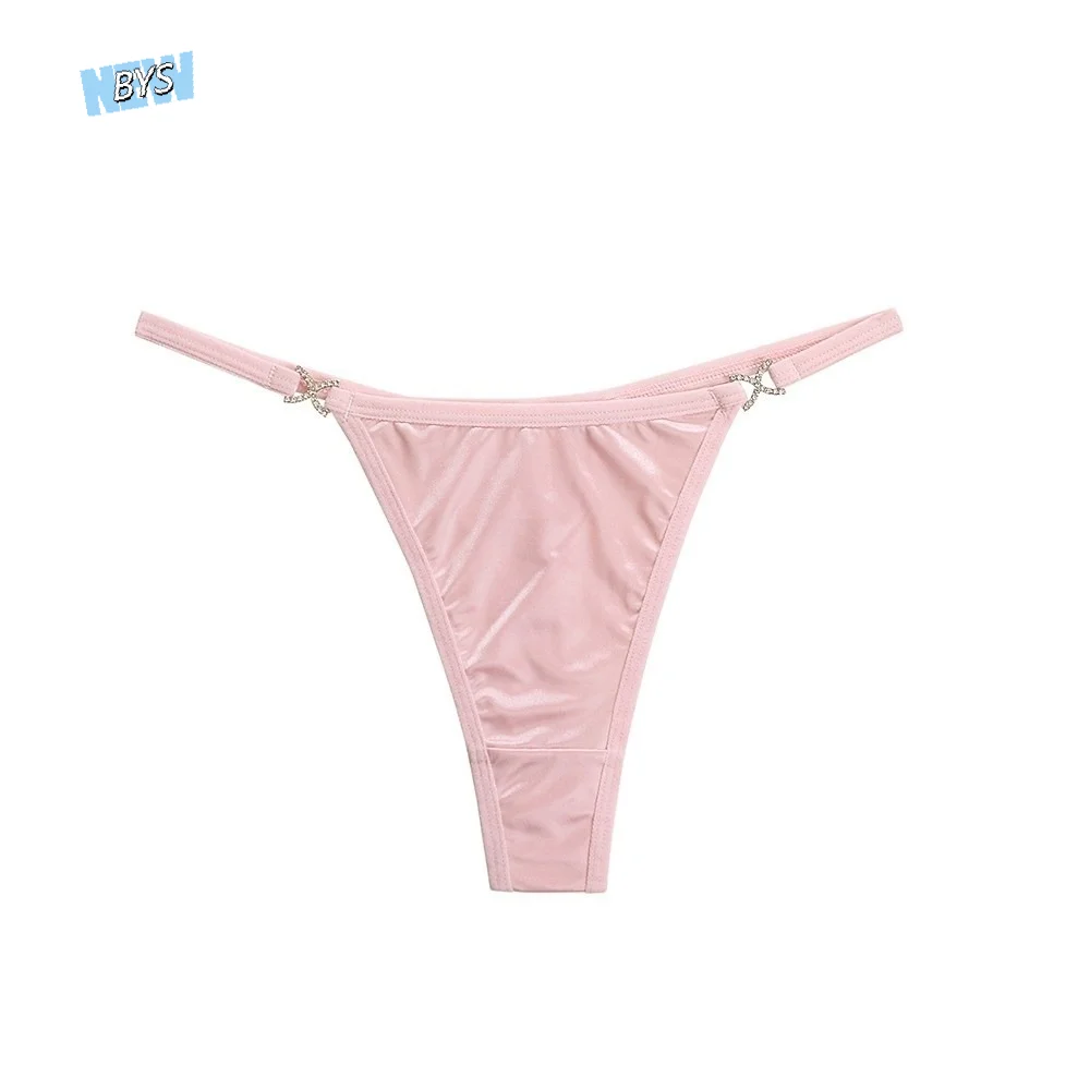 

Sweet Cotton Crotch Glossy Satin Thongs Low Waist Solid Color Bikini Briefs Traceless Underpants T-back Panties Daily Wear