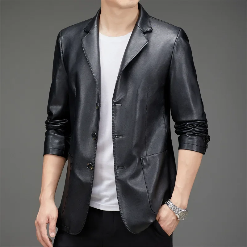 

Autumn Men Short Solid Color Business Leather Jacket New Men Thin Slim Large Size Leather Coat Casual Versatile Outerwear