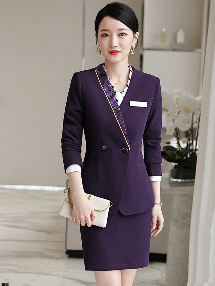 

Модный женский костюм-двойка (юбка и пиджак) для персонала отеля, профессиональная униформа для ресепшн, однотонный, из полиэстера, с длинными рукавами