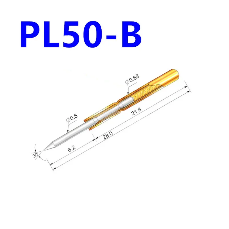 

100 PCS/Pack PL50-B1 Straight-up Pointed Spring Test Pin 0.68mm Outer Diameter 27.8mm Long PCB Probe