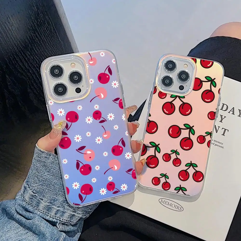 

Cherry Pattern Phone Case For iPhone 17 16 15 14 13 12 11 Pro Max Plus Transparent Aurora Laser Gradient Cover