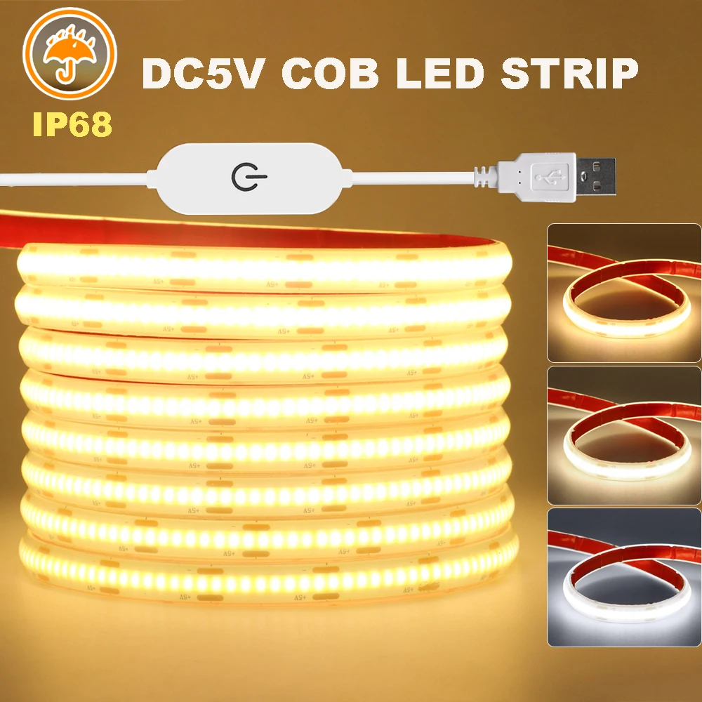 IP68 Waterproof USB DC5V COB LED Strip Light With Adhesive Tape Touch Dimmer 320Leds Flexible COB Strip Warm Natural White Decor