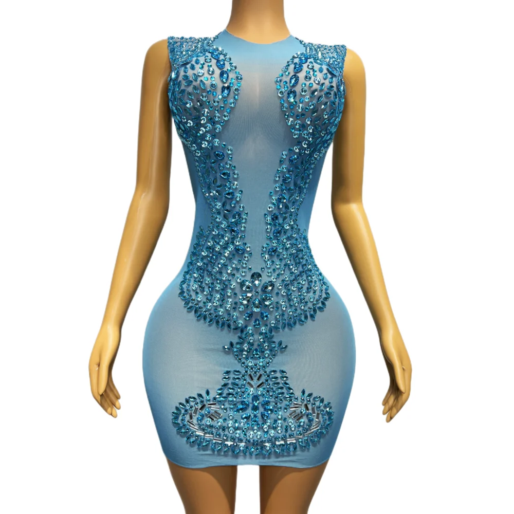 Funkelnde blaue Strass steine kurzes Kleid sexy Mesh sehen durch Sommer geburtstags feier Promi Kostüm Nachtclub Outfit Bühnen kleidung