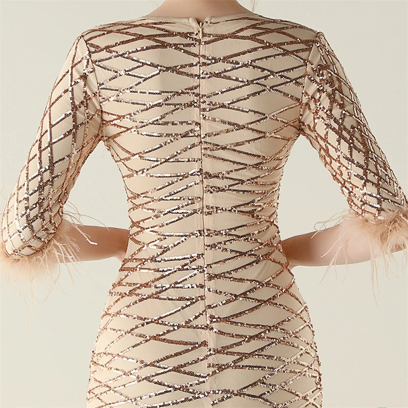 Primavera otoño mujer elegante media manga cuello redondo pluma lentejuelas cóctel graduación lujo fiesta de noche vestido largo