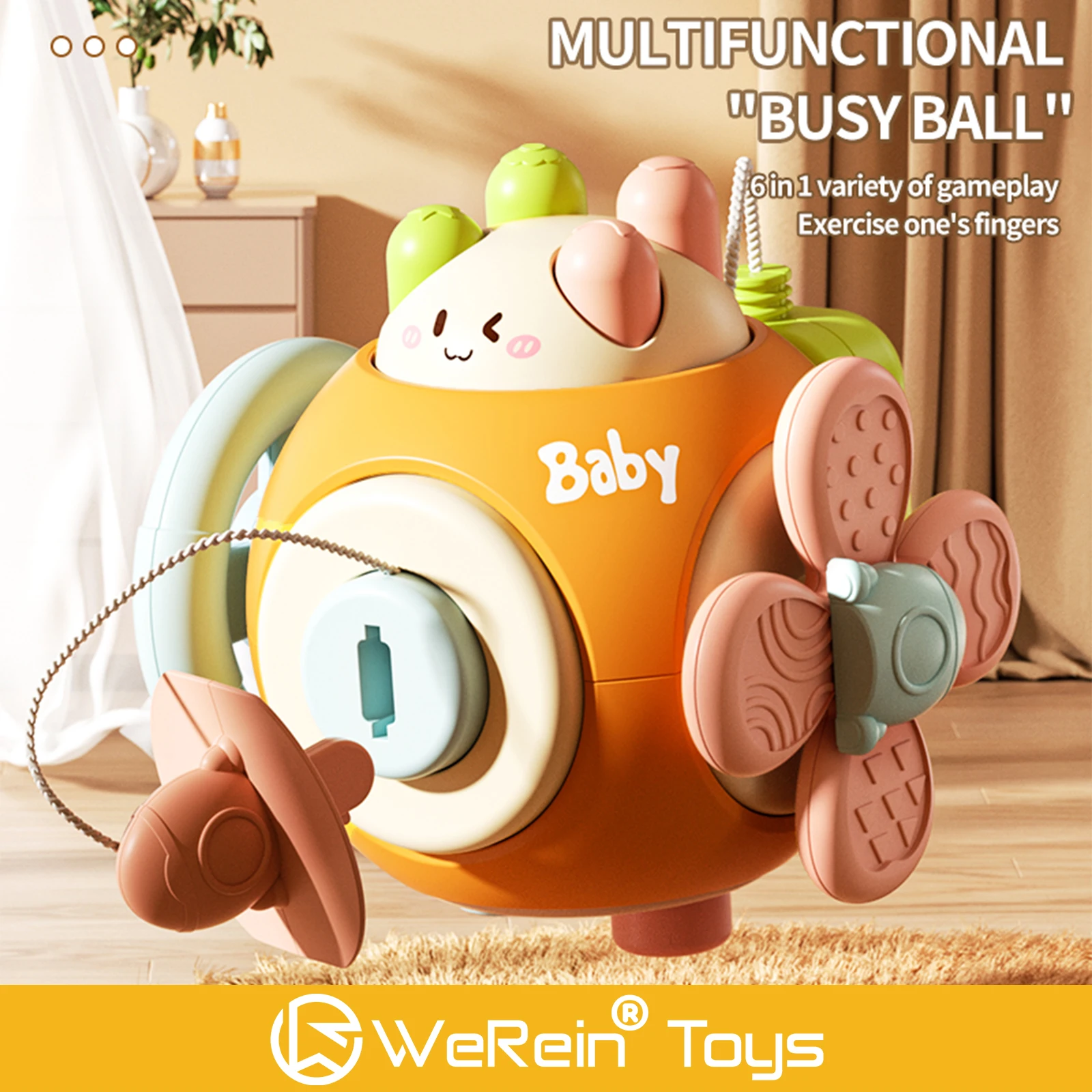 Orange Busy Ball for Infants And Toddlers 6-in-1 Developmental Toy