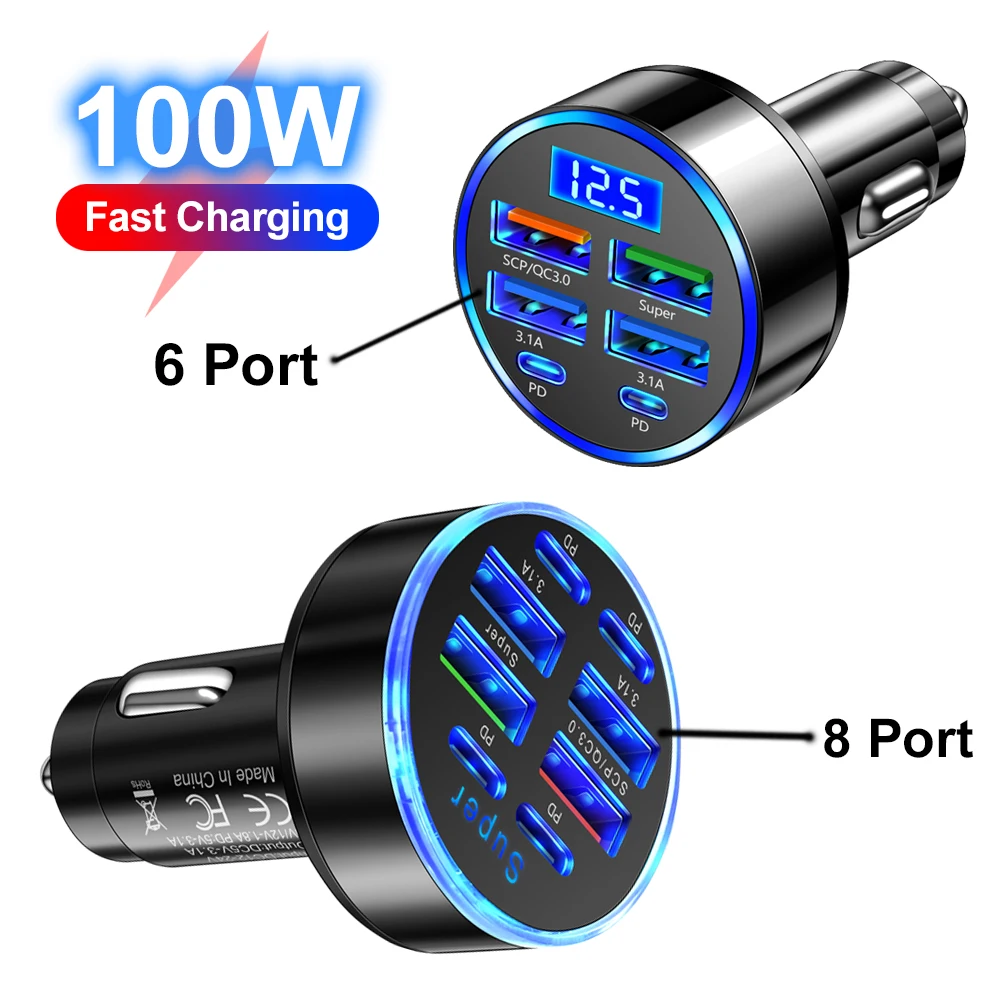 100w 6/8 portas carregador de carro carregamento rápido pd qc3.0 usb c carregador de telefone carro tipo c adaptador no carro para iphone samsung huawei xiaomi