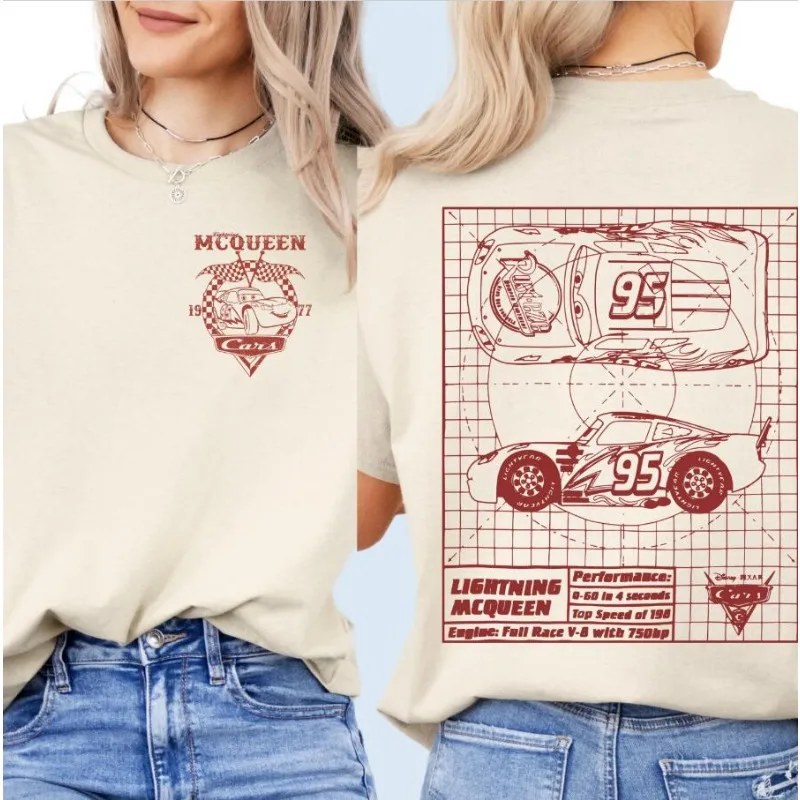 

Lightning McQueen car shirt with Disney Magical Journey print T-shirt Unisex cotton all-season base shirt vintage tops