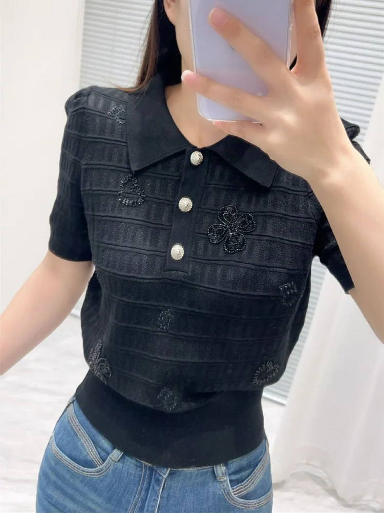 Premium Edition Sweet Sle ort Sve  Ne Knitted Top Pink Embroidery Beads Versatile Summer Faion Ladies' Sweater