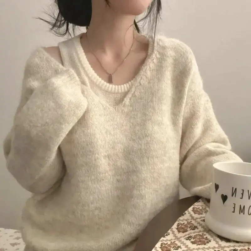 Pull confortable à épaules dénudées pour femme, deux pièces, ample, gris, tricoté, nouvelle collection automne hiver 2025