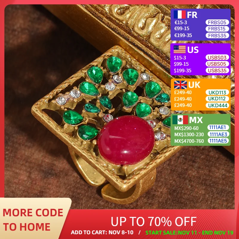 

Vintage Rose Red Agate Square Rings Gold Color Green Rhinestone Cocktail Designer Jewelry Luxury Accessories Woman Chinese Style