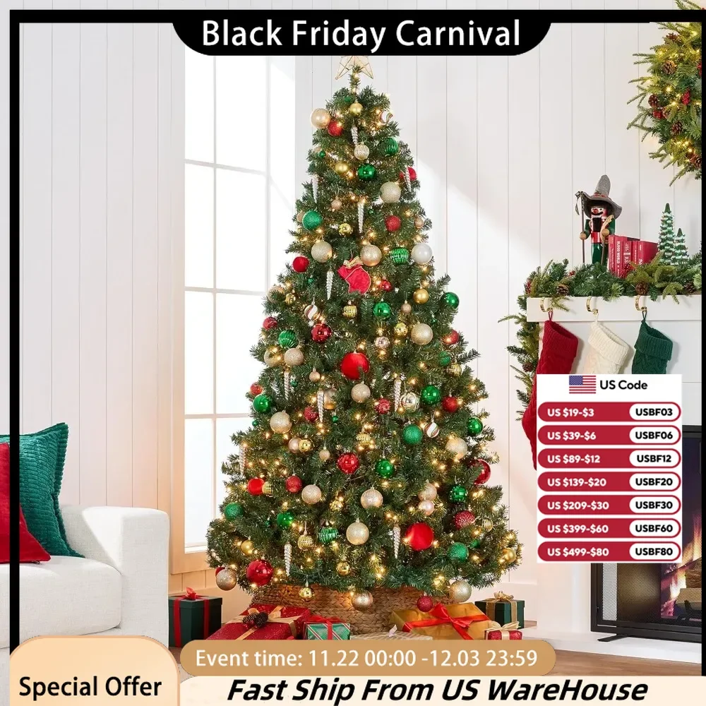 12 Foot Pre Installed Spruce Artificial Holiday Christmas Tree, Easy To Assemble with Metal Hinges and Foldable Base Christmas