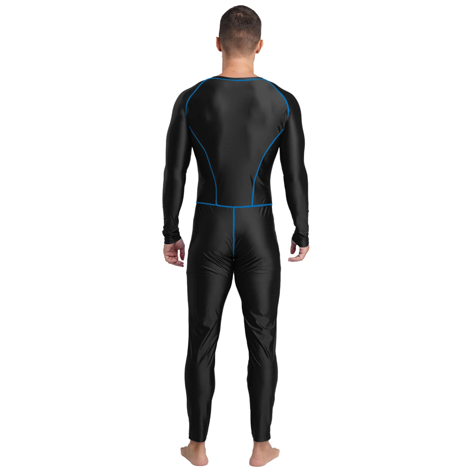

Men Glossy Jumpsuit One-piece Swimsuit Zipper Long Sleeve Stripe Bodysuit Full Body Wetsuit for Swimming Yoga Workout Gymnastics