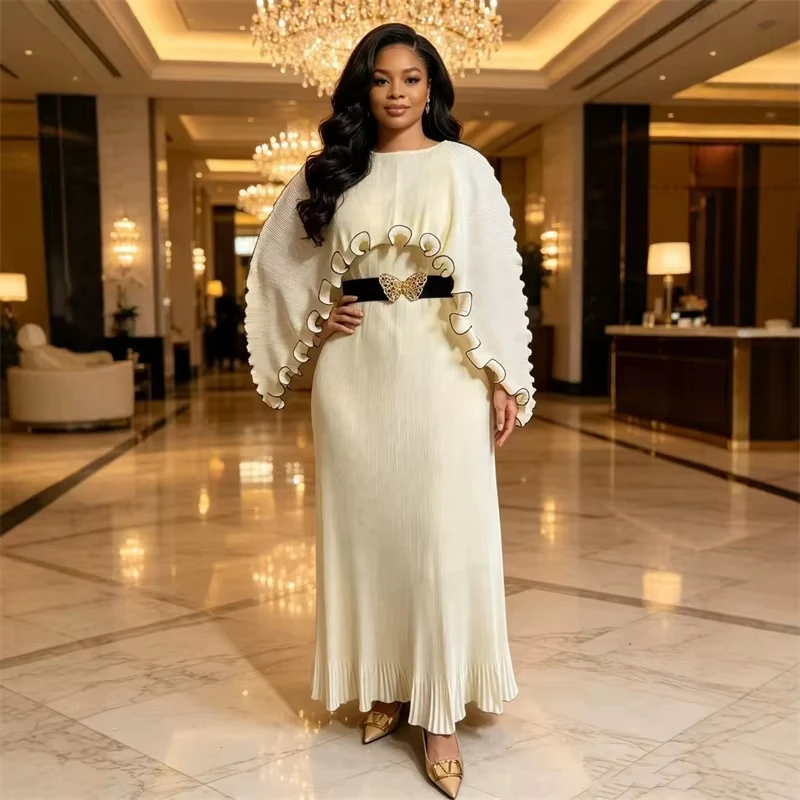 ANLAN Blue Pleated Long Dress Women Round Neck Ruffle Batwing Sleeve Belt Ruffled Elegant Evening Gown Dresses Fashion Clothing