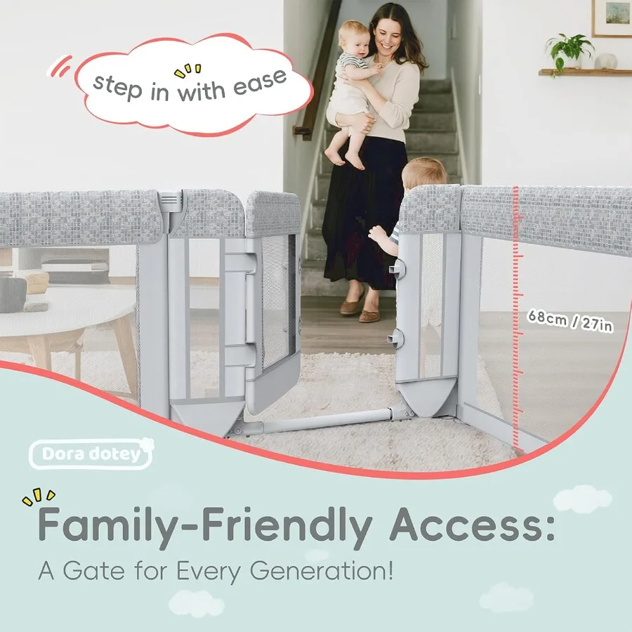 روضة أطفال مع بوابة، قلم لعب قابل للتعديل وقابل للطي، منطقة لعب سياج شديدة التحمل، روضة أطفال كبيرة (طباعة رمادية، 79 × 71 × 27 بوصة) #4