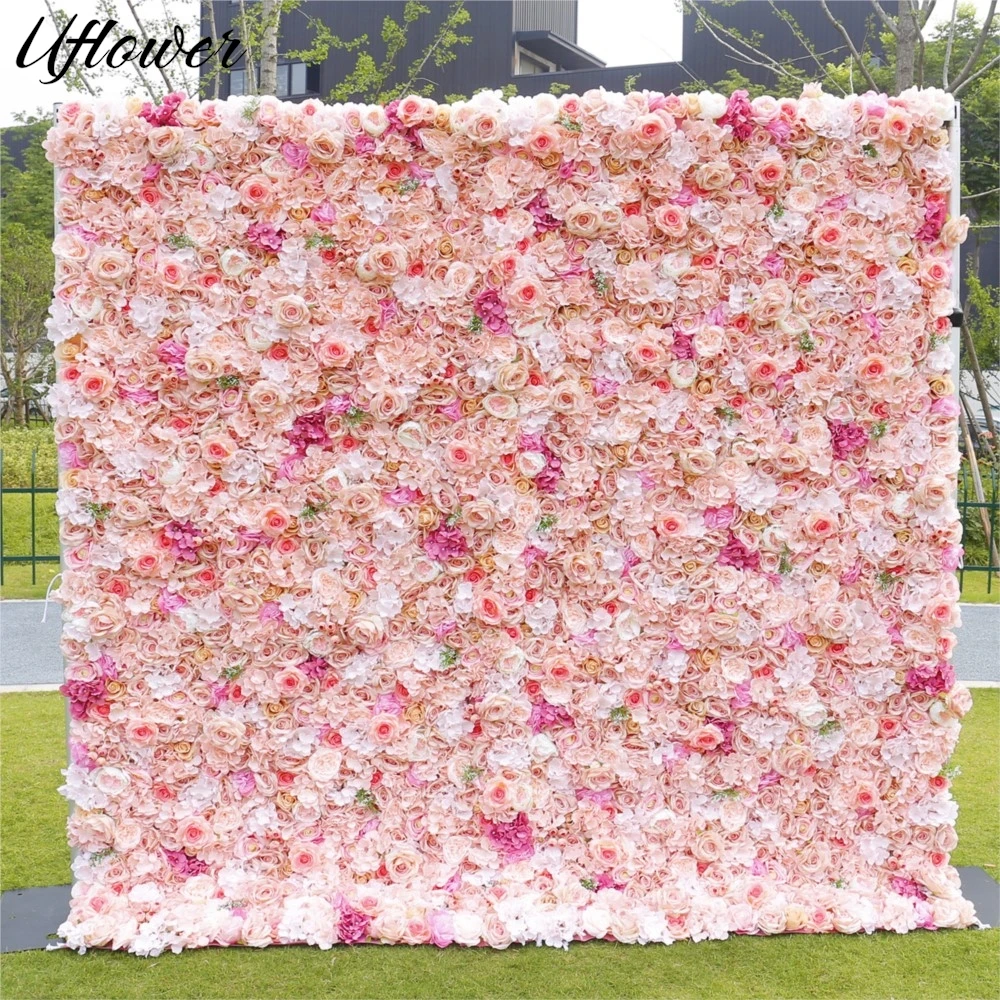 Wedding Backdrop Curtain - Roze roos-hortensia 5D stoffen bloemenwand bruiloft