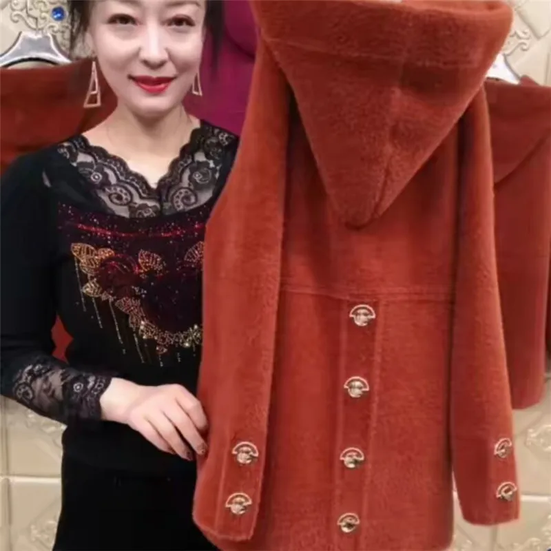 NEW Middle Aged Elderly Mother Imitation Mink Velvet Coat Autumn Winter Thicken Hooded Cardigan Sweaters Women Knitted Jackets