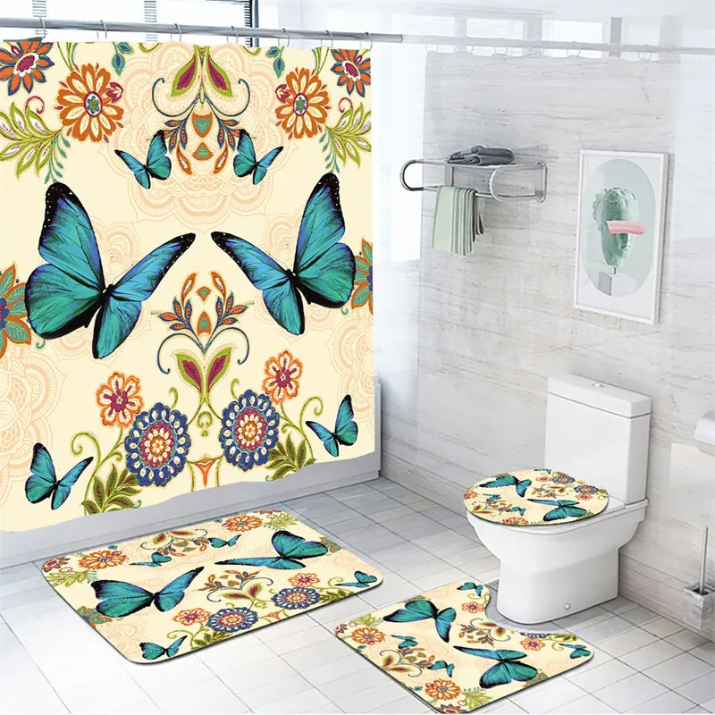 1/4PCS Mandala Boho Shower Curtain Set With Rugs Floral Butterfly Geometric Print Fabric Shower Curtain Liner Non-slip Carpet