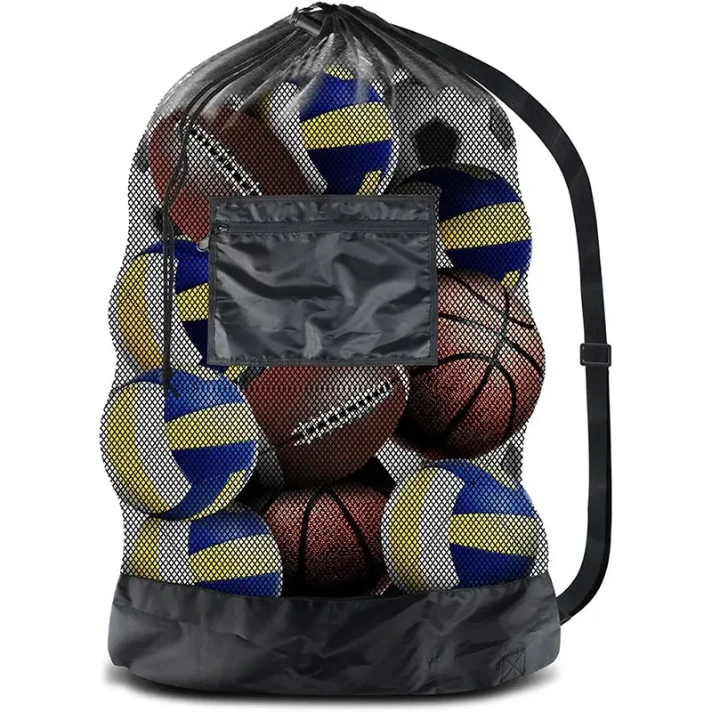 대형 메쉬 볼 가방 보관을위한 Drawstring 가방 축구 농구 배구 훈련 가방 어깨 끈이있는 검은 스포츠 가방