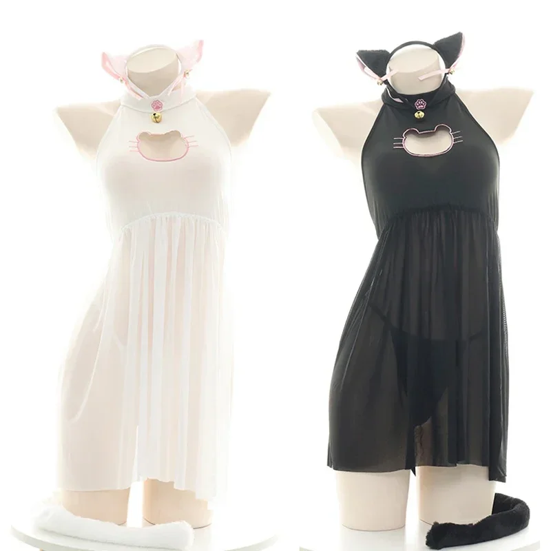 Lolita chica lindo gato vestido de sirvienta pijama uniforme kawaii Neko cosplay disfraz pata de gato ahueca hacia fuera el pecho ropa de dormir dropship