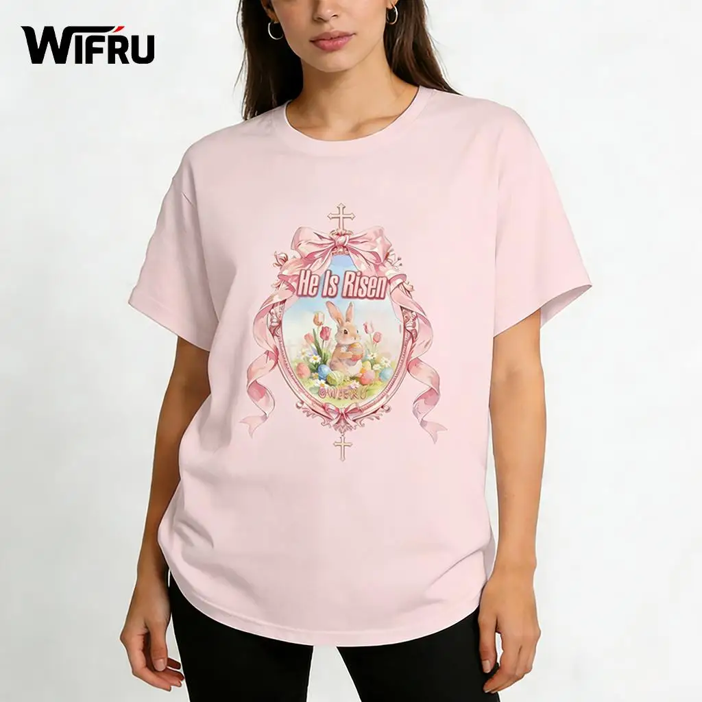 

Easter Bunny & Egg Graphic T-shirt Festival Street Fashion Popular Women's Tees WIFRU Simple Basic Casual Short Sleeve Tops