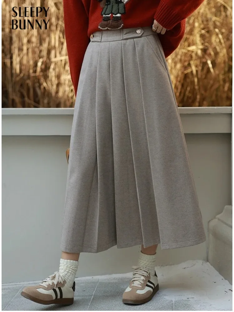 Jupe mi-longue plissée en mélange de laine Preppy pour femme, taille haute, ligne a, jupe d'hiver élégante, épaisse, longue, détail de boutons, usage quotidien