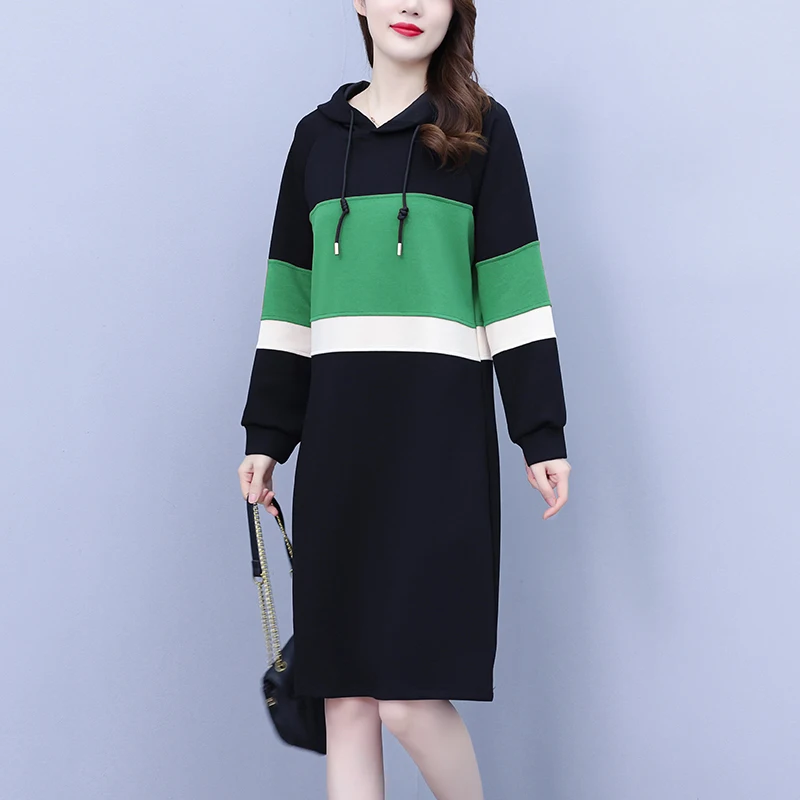 Elegant Cotton T-shirt Dresses For Women 2023 Female Large Size 5XL Autumn Winter A Line Hooded Color Contrast Stitching Vestido