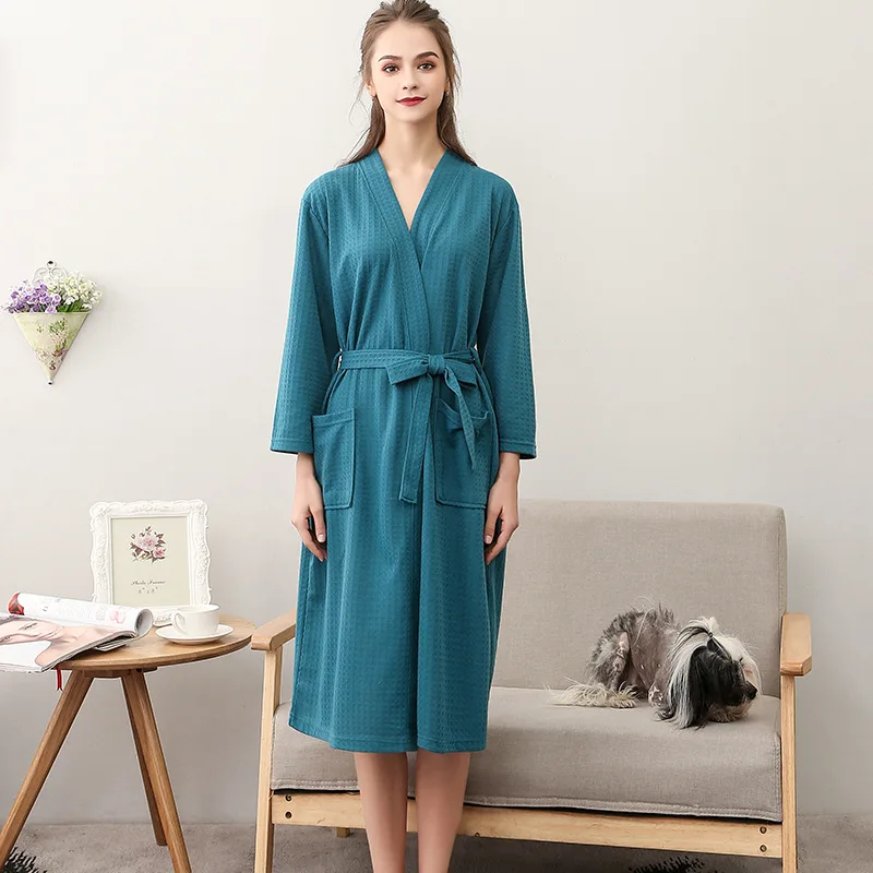 Waffle Couple Bathrobe Hotel Robe Women Dressing Gown Three Quarter Sleeve Cotton Kimono with Pockets Sleep Lounge Nightgown