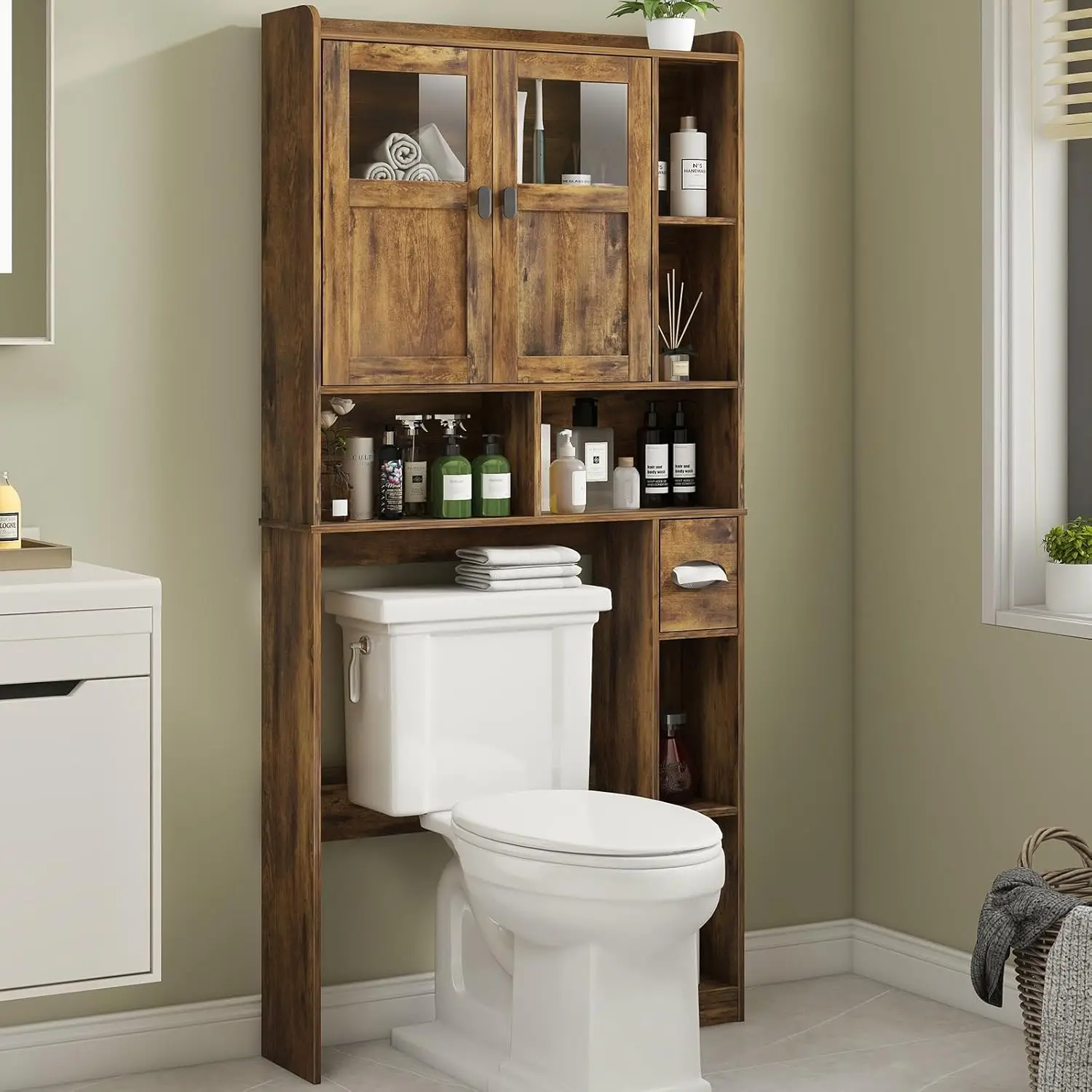 

Over The Toilet Storage Cabinet, Bathroom Shelf Over Toilet with Glass Doors and Adjustable Shelves, Brown Freestanding Home