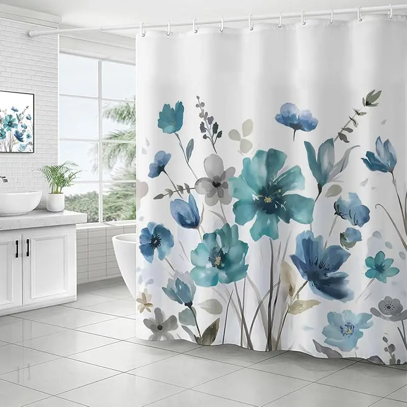 Watercolor Floral Shower Curtain – Soft Blue, Gray Cream Blooms 12 Hooks, Machine Washable, Boho Farmhouse Bathroom Decor