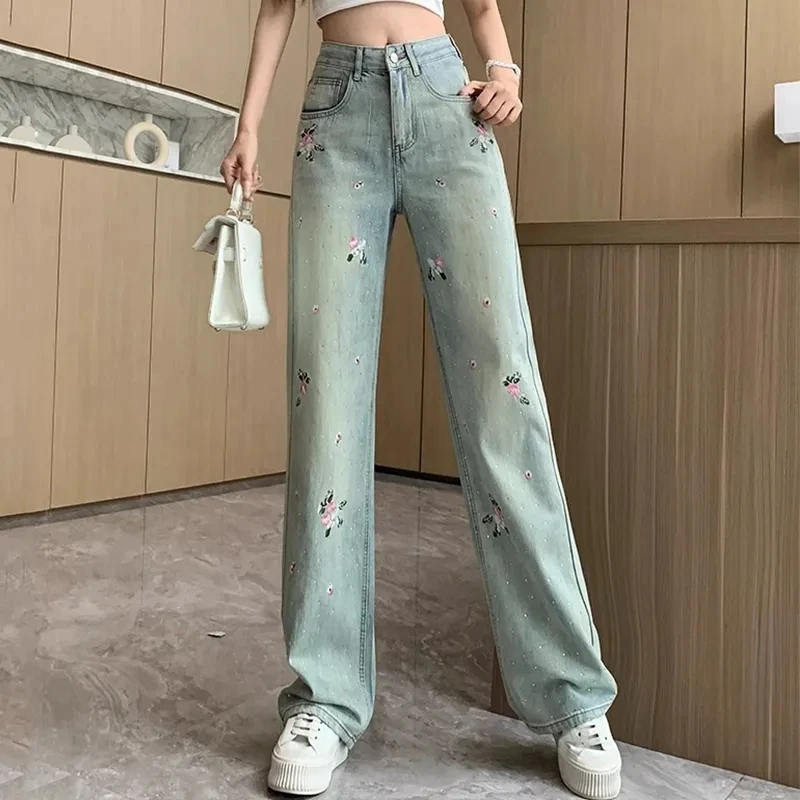 

Hot Drilling Jeans Female Tide 2024 New Spring High Waist Slim National Style Embroidered Wide-Leg Pants Denim Trousers Ladies