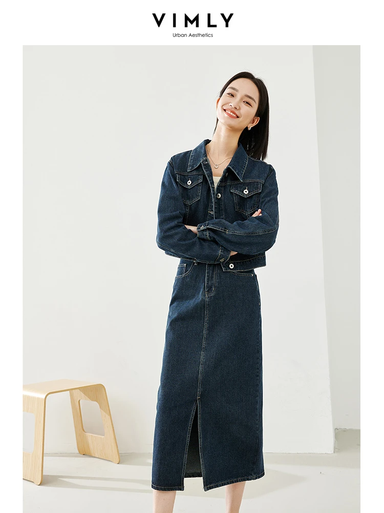 Vimly Denim Skirt Set Lapel Jean Jacket Split Midi Skirt 2 Piece Outfit Set Women 2024 Spring New Female Matching Sets 72685