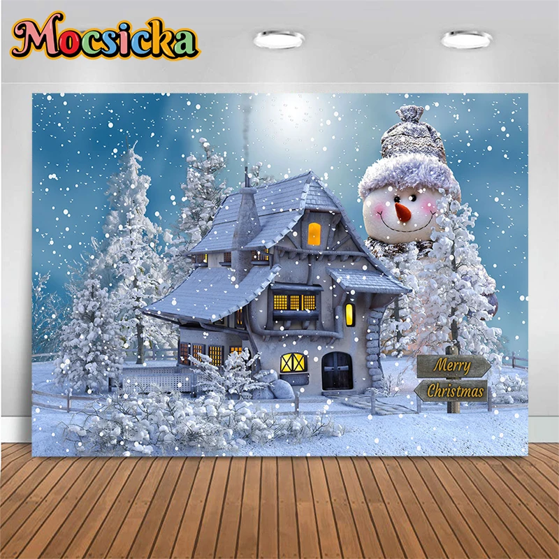 Mocsicka Winter Christmas Fairy Tale Room Decoration Photography Background Xmas Tree Lamps Snowman Backdrops Photobooth Props