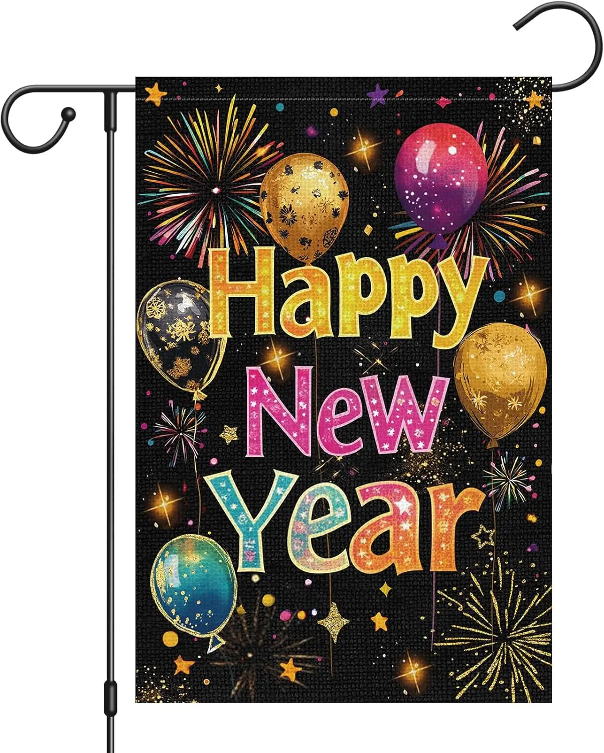 Heyfibro Happy New Year Garden Flag Christmas Firework Yard Flags 12x18 Inch Double Sided Burlap Balloon Celebration Banner  SSL