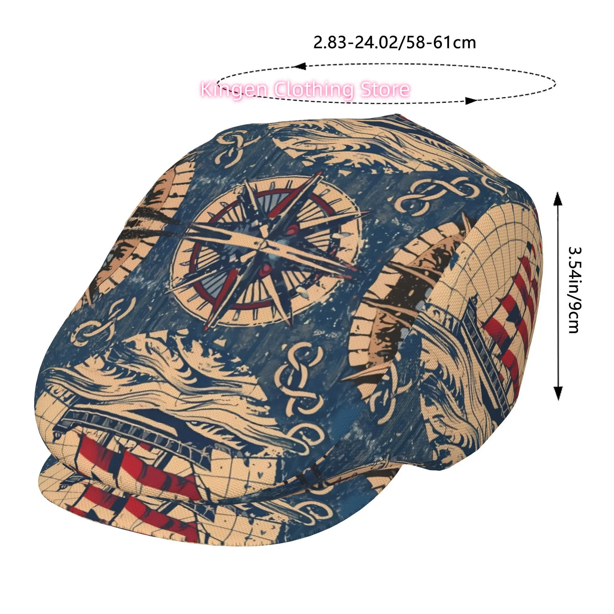 1pc Nautical Compass & Sailboat Vintage Cap for Men & Women - Adjustable Flat Newsboy Beret Ivy Irish Cabbie Fishing Gatsby Bean