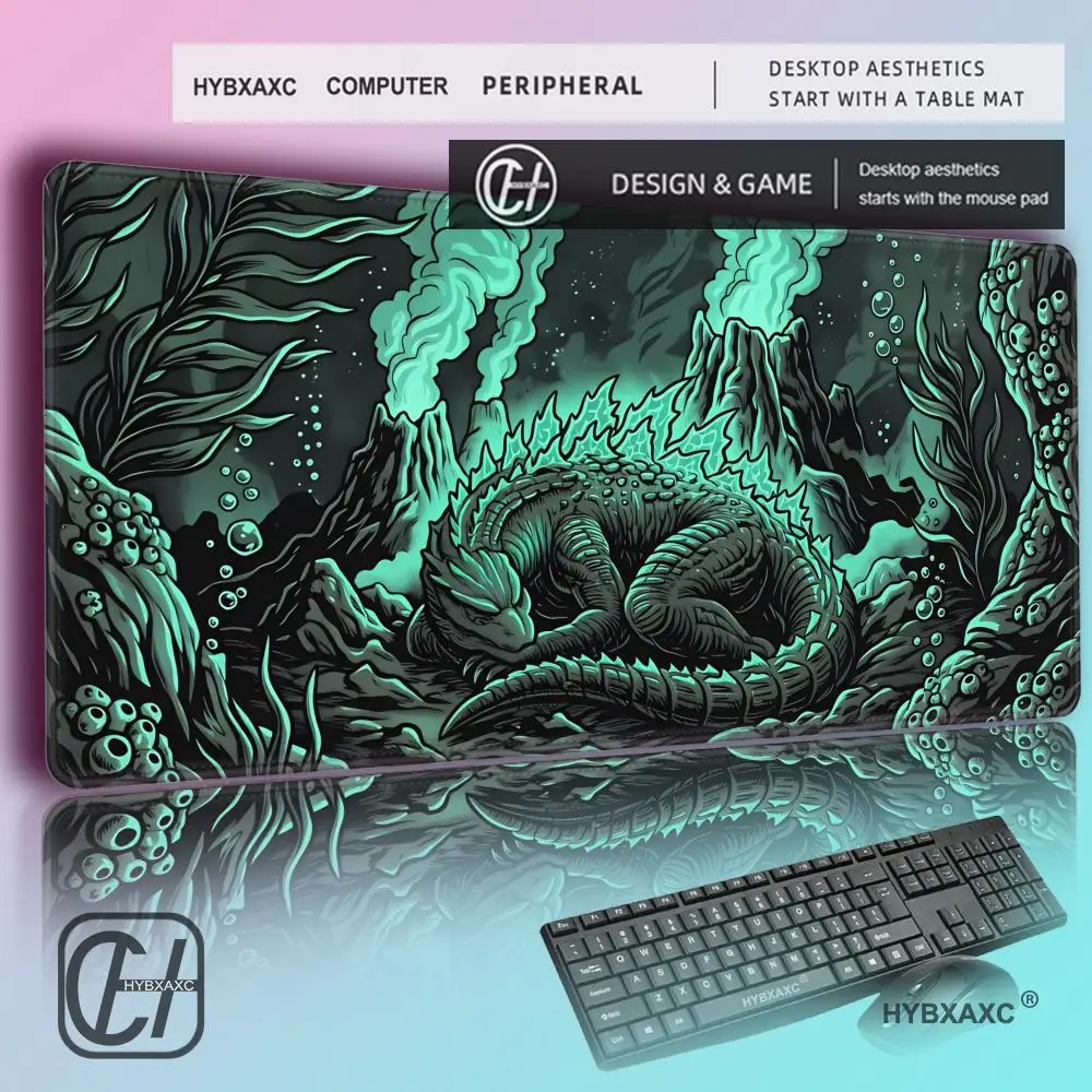 

HYBXAXC Bioluminescent Kaiju DeskMat DeepSea Sleeping Monster Extended MousePad Emerald Green ZenMat Cozy Aesthetic Tech Setup