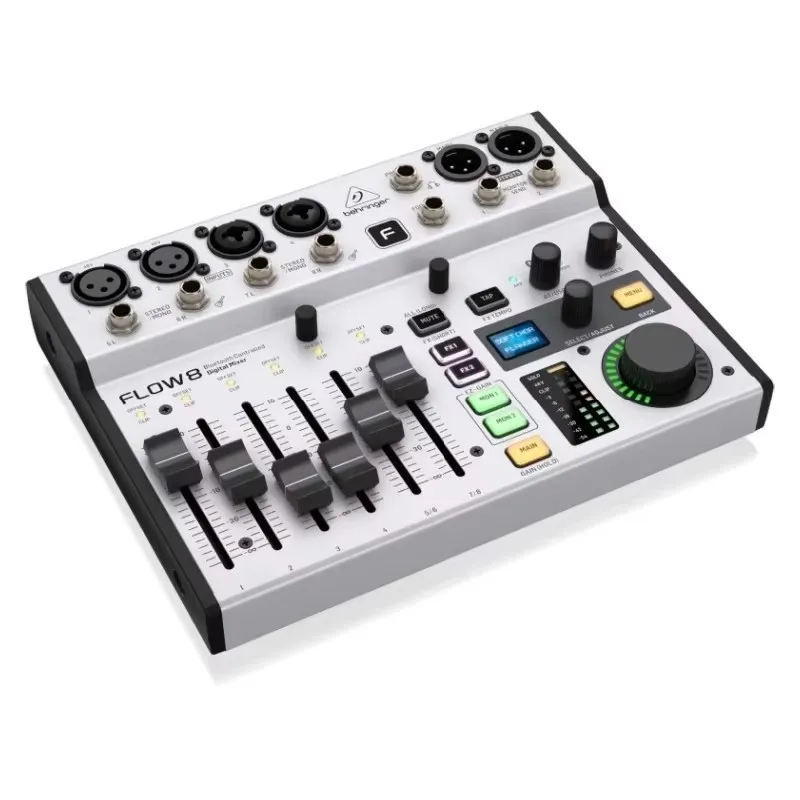خلاط رقمي 8 مدخلات مع خافت قناة 60 مم وتحكم دوار رئيسي مع طوق LED BEHRINGER flow 8