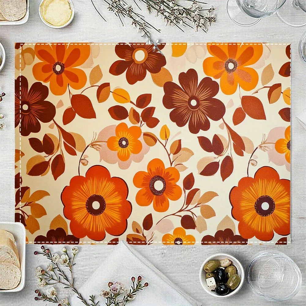 4Pcs Retro 70S Nostalgic Style Placemats, Brown and Orange Floral Fashion Print Decorative Placemats, Perfect for Farmhouse Kitchens, Party Celebrations, and Picnics