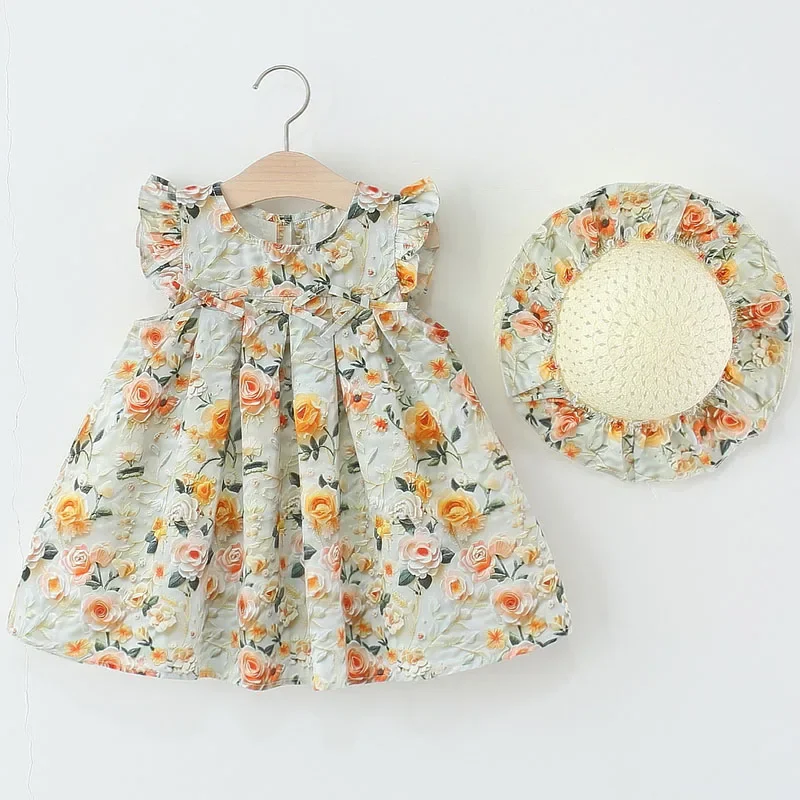 

2Piece Summer Dresses Korean Fashion Beach Flowers Cute Print Sleeveless Baby Princess Dress Girls Boutique Kids Clothing B049