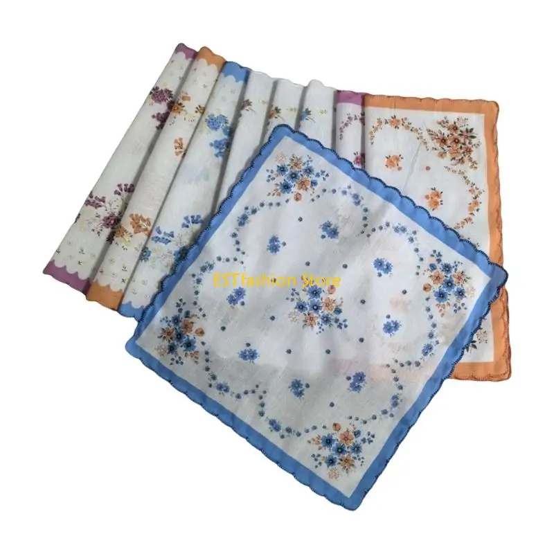 

Y5GC Elegant Embroidery Handkerchief Collection 9Pcs Cotton Feminine Florals Design