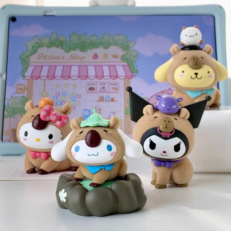 

Подлинные персонажи Sanrio и капибары серии слепая коробка флокирующийся орнамент Hellokitty Pochacco Pompompurin настольные украшения подарок