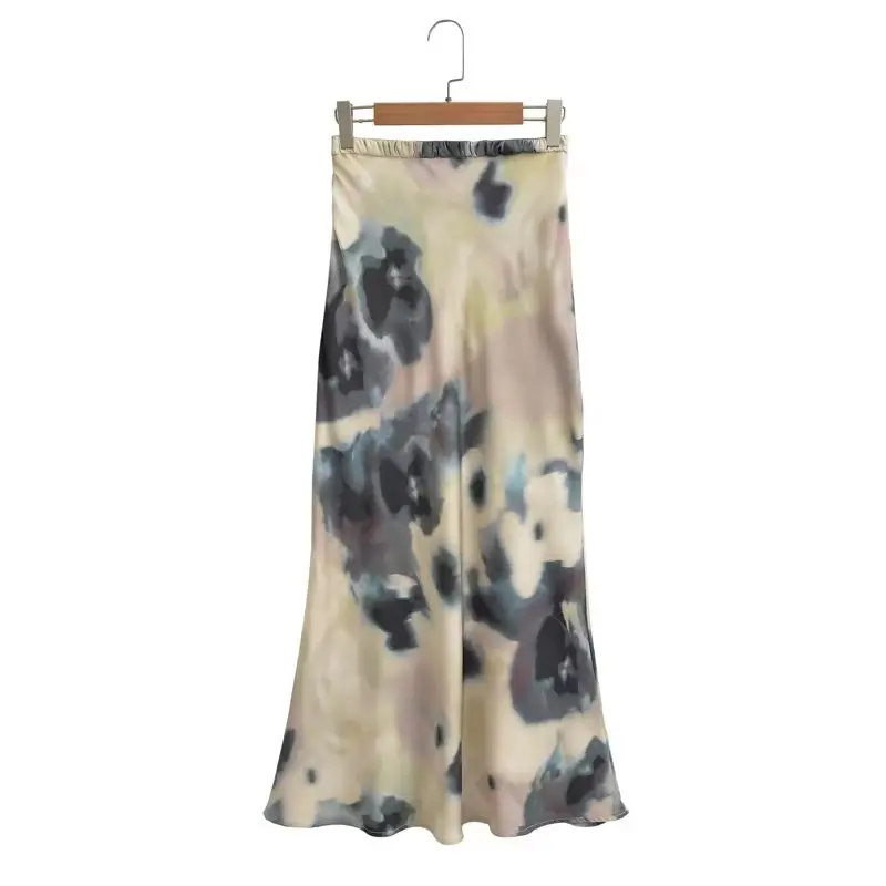 

Print Satin Midi Skirt Vintage Elastic High Waist Flared hem Women's Fashion Tie Dye High Street Female Chic Lady Casual Skirts