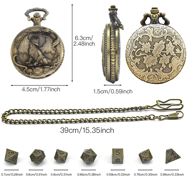 Polyhedral Dice Retro Dragon Pocket Watch Set Combined With Dice Pendant Chain For Entertainment Role-Playing Game Gifts view 6