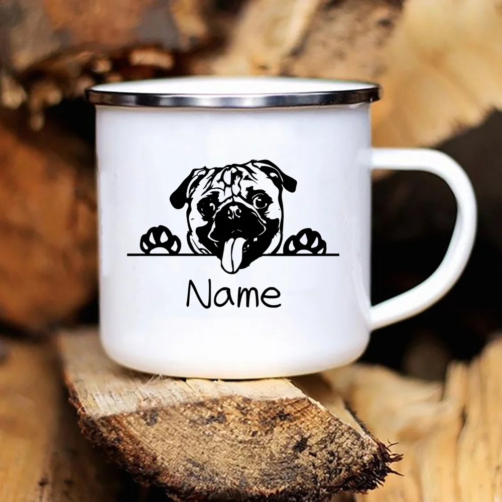 Personalized Pets Enamel Mug Custom Dog Name Coffee Drinks Dessert Milk Cups Handle Drinkware Camping Mugs Gifts for Dog Lovers